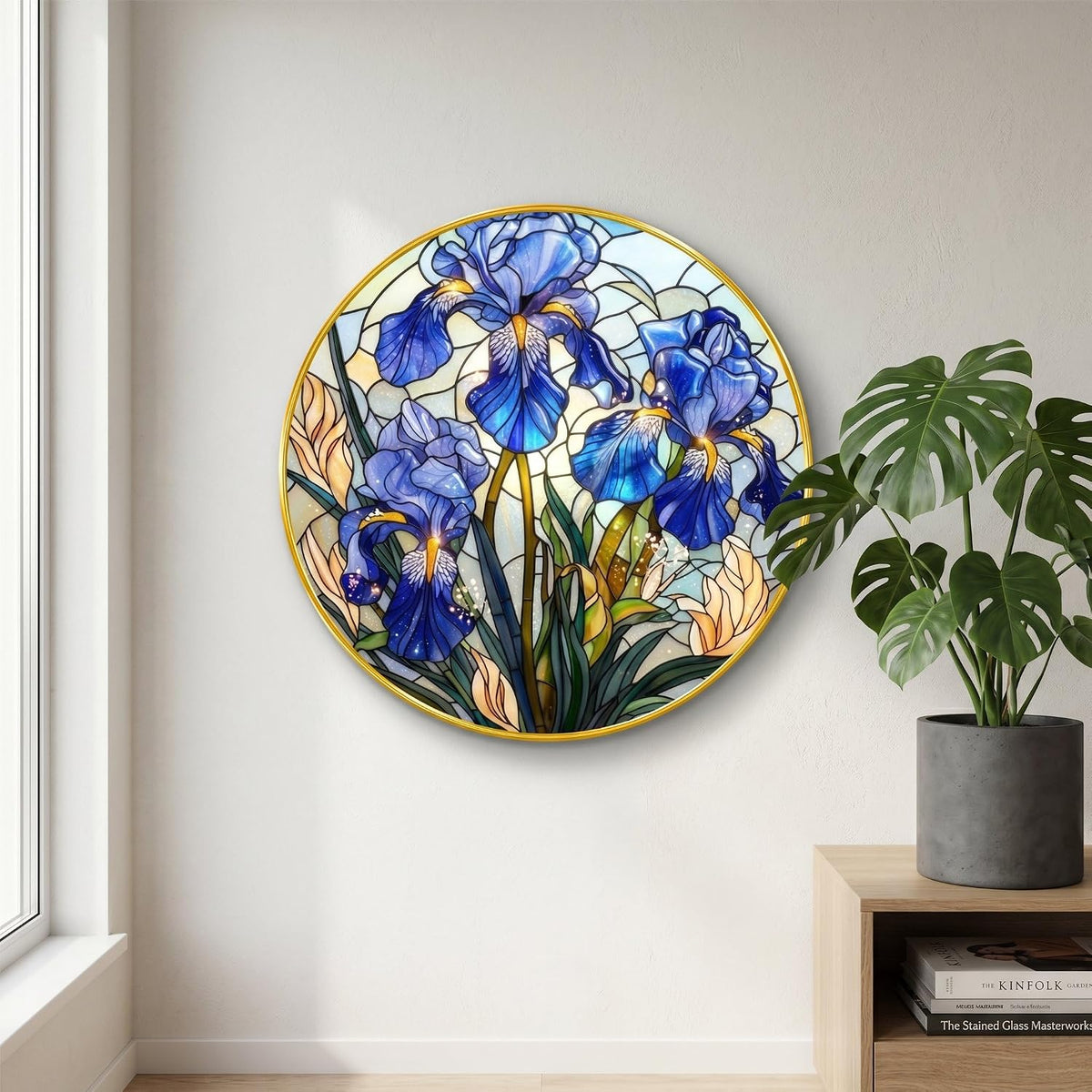 Blue Iris Flower Wall Painting with Golden PVC Frame Round Floral Art Stained Glass Style Modern Decor for Living Room Bedroom Office Home Decorative Gift Item (16 x 16 Inch) GRM-361