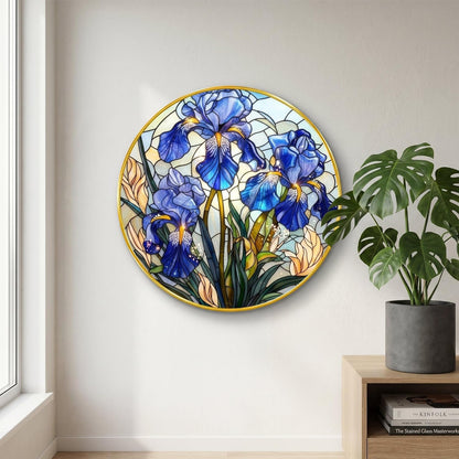 Blue Iris Flower Wall Painting with Golden PVC Frame Round Floral Art Stained Glass Style Modern Decor for Living Room Bedroom Office Home Decorative Gift Item (16 x 16 Inch) GRM-361