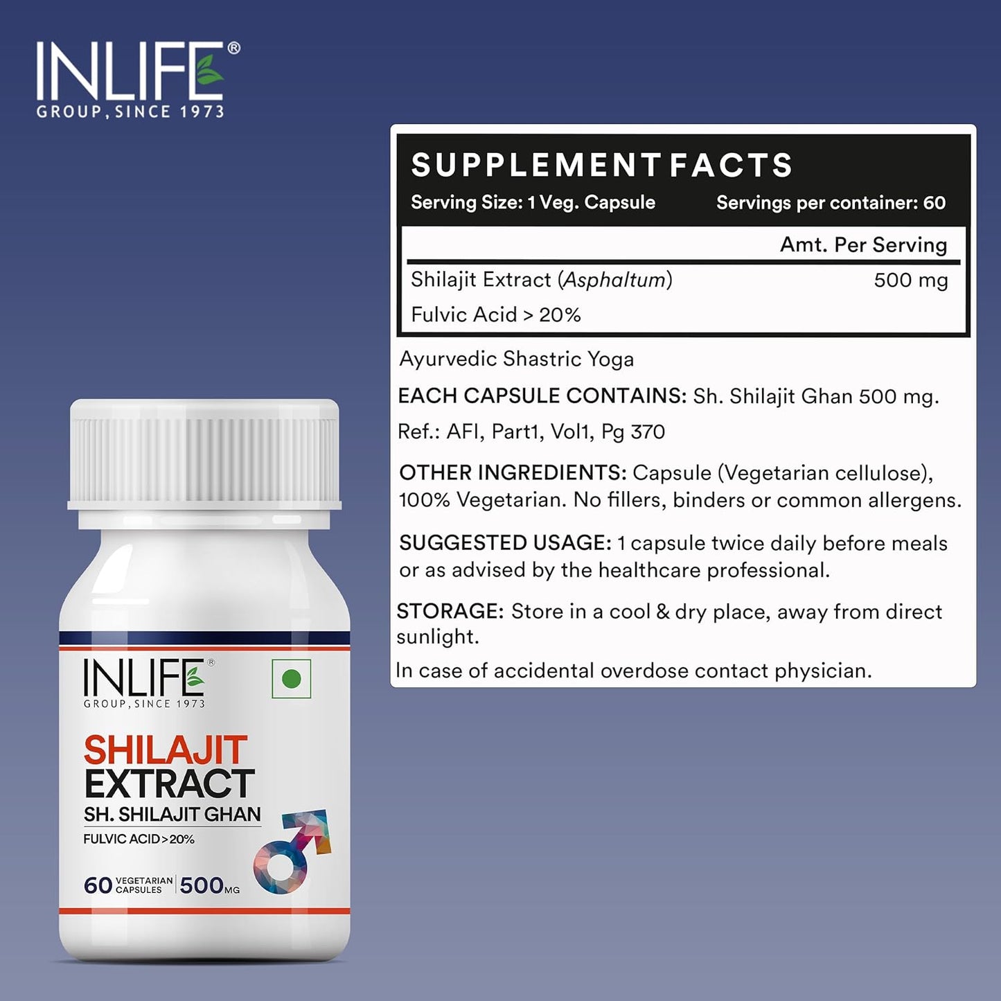 INLIFE Pure Shilajit Extract Supplement for Men | Strength and Stamina, 500mg - 60 Vegetarian Capsules