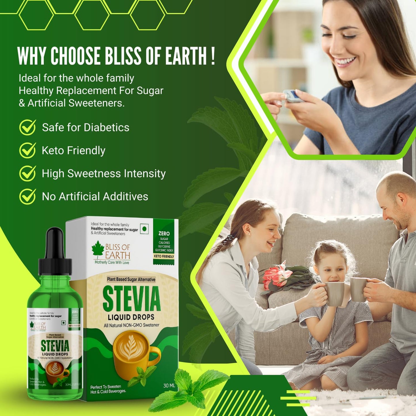 Bliss of Earth Stevia Liquid Sweetener – Pure, Natural & Sugar Free Drops | Zero Calorie | 30ML | Perfect for Tea, Coffee, Shakes, Smoothies & Desserts | Keto & Diabetic Friendly
