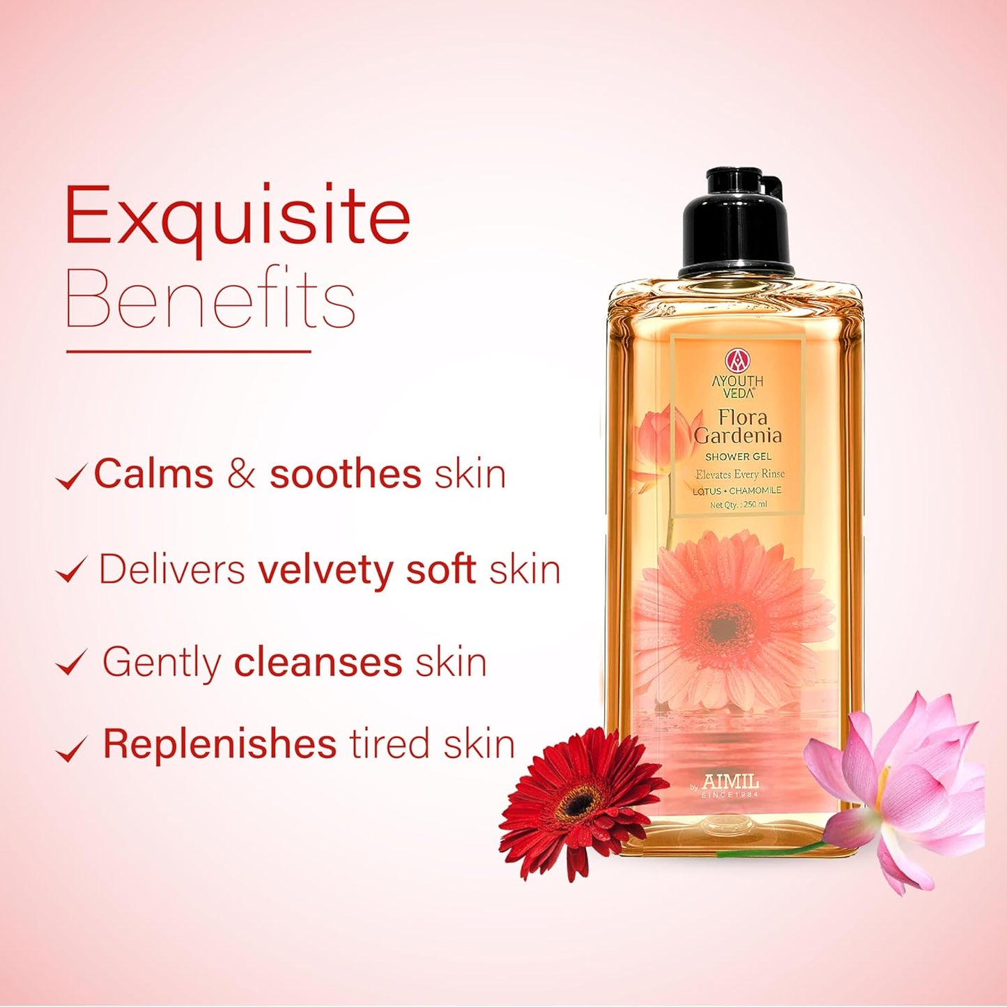 Ayouthveda Floral Gardenia Shower Gel – 250ml | Refreshing & Moisturizing Body Wash with Natural Gardenia Extract | Gentle, Sulfate-Free Formula for Soft,