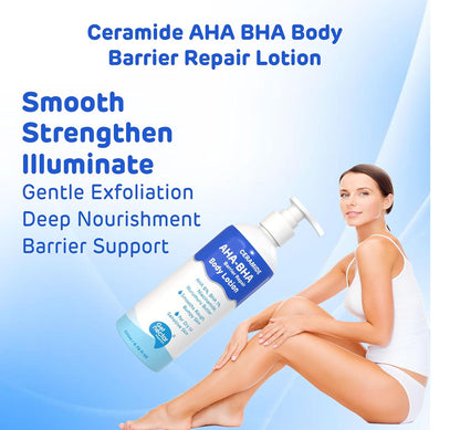 Ceramide AHA BHA Body Barrier Repair Lotion with a woman sitting on a blue background