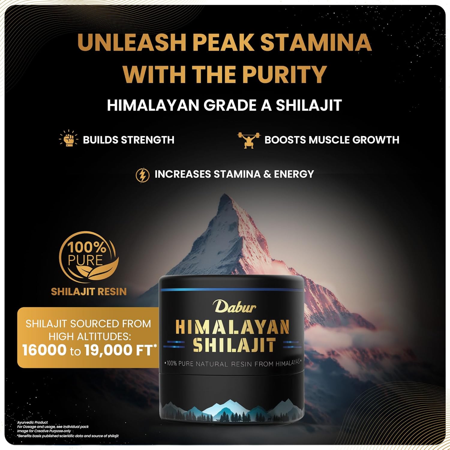 Dabur Himalayan Shilajit packaging with mountain background and promotional text.