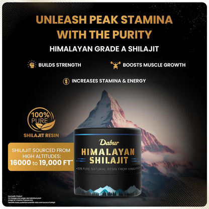 Dabur Himalayan Shilajit packaging with mountain background and promotional text.