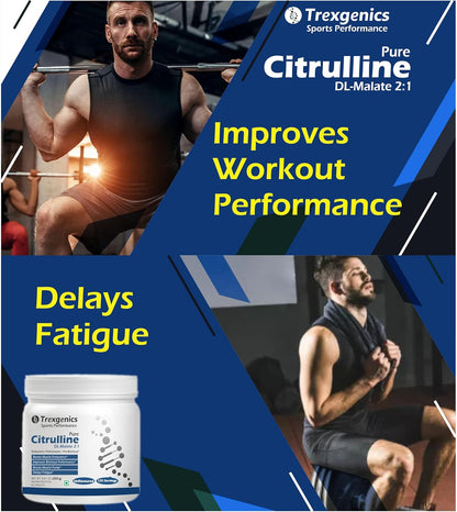 Advertisement for Trexigenics Citrulline supplement with a man exercising and text highlighting benefits.