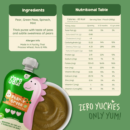 Rorosaur Ready to Eat Fruit & Veggie Baby Food Puree Pouch for 6+ Months Baby 100g each, Pk of 2 | Made with Spinach, Pear & Peas Puree in Pouch | 100% Natural, No Preservatives, No Sugar, No Salt