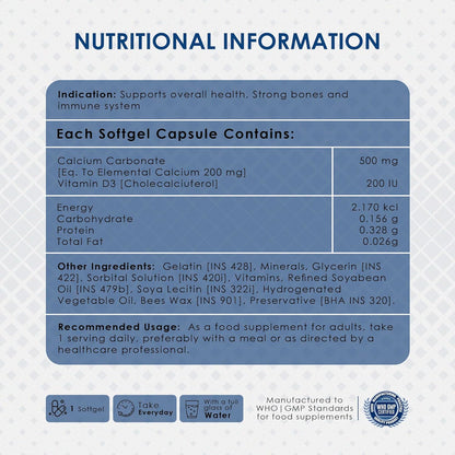 Nutritional information label for a softgel capsule on a light blue background