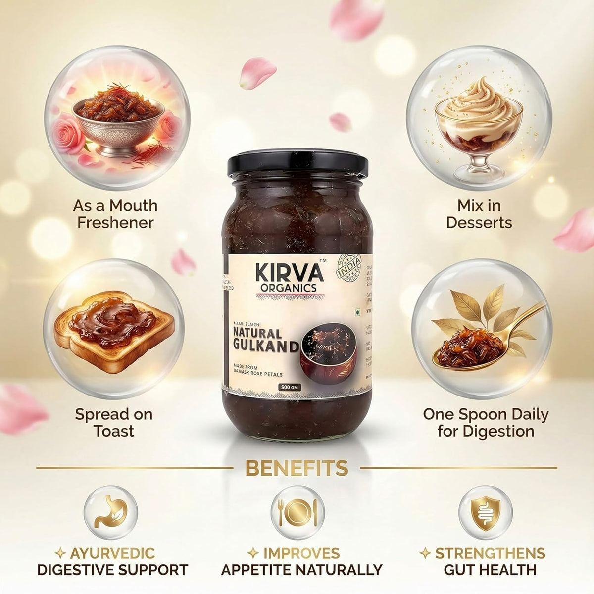 Kirva Organics Natural Gulkand 500g | Sun-Cooked Damask Rose Petals & Rock Sugar | Infused with Kesar & Elaichi | Ayurvedic Digestive & Natural Body Coolant | No Artificial Flavors