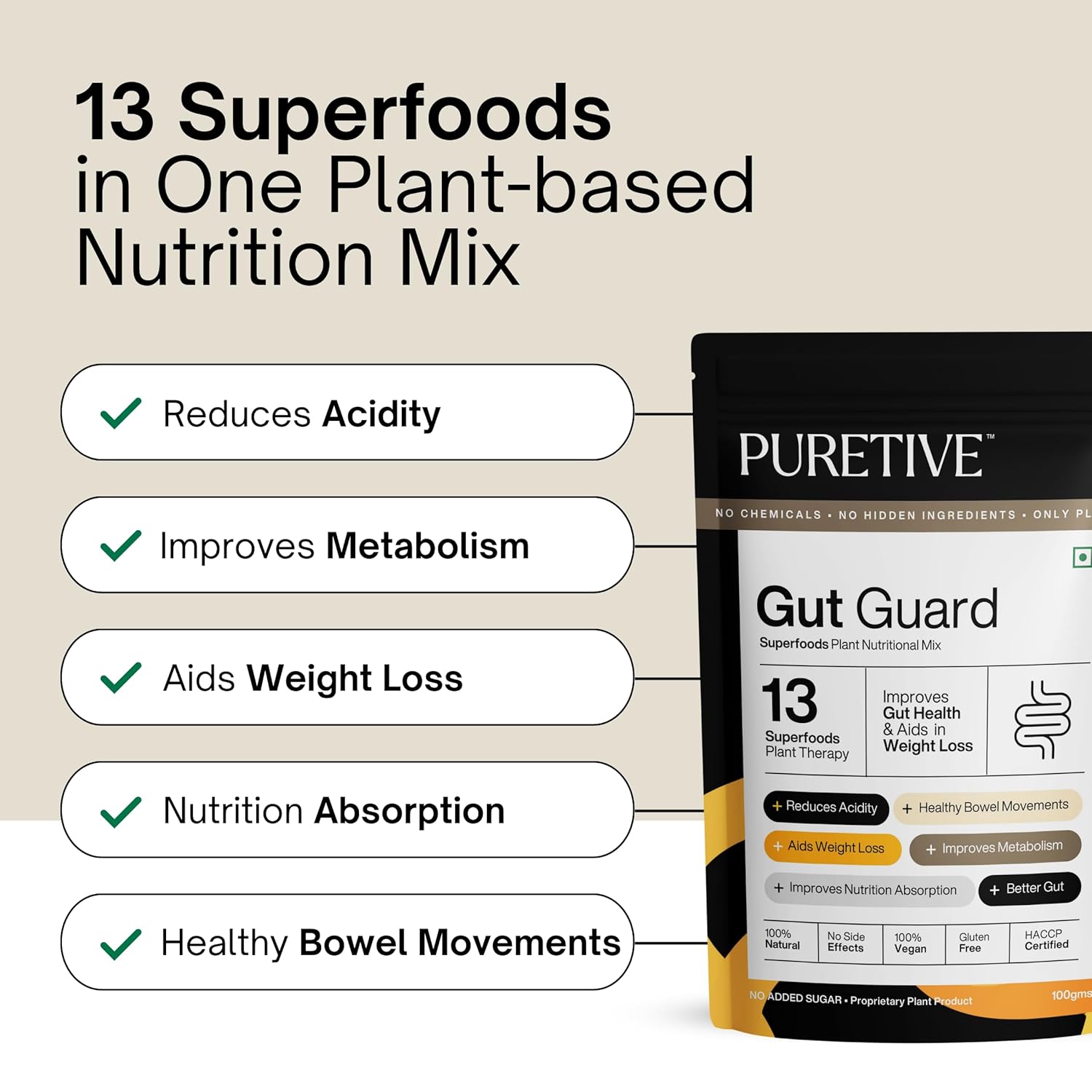 PURETIVE Gut Guard nutrition mix packaging with benefits listed on a beige background