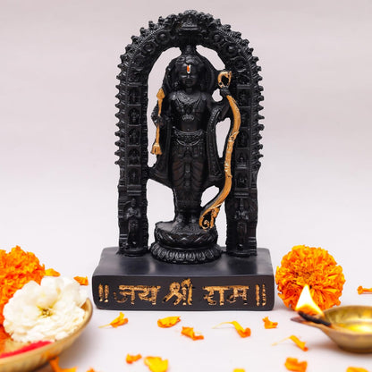 6.5 Inch Lord Ram Idol with Decorative Arch | Black Finish Ram Murti for Home Temple, Mandir, Pooja Room & Office Desk | Spiritual Showpiece for Worship, Festive Décor & Gifting