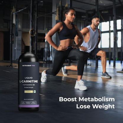 NutraBay Pro L-Carnitine supplement bottle with two people exercising in a gym setting.