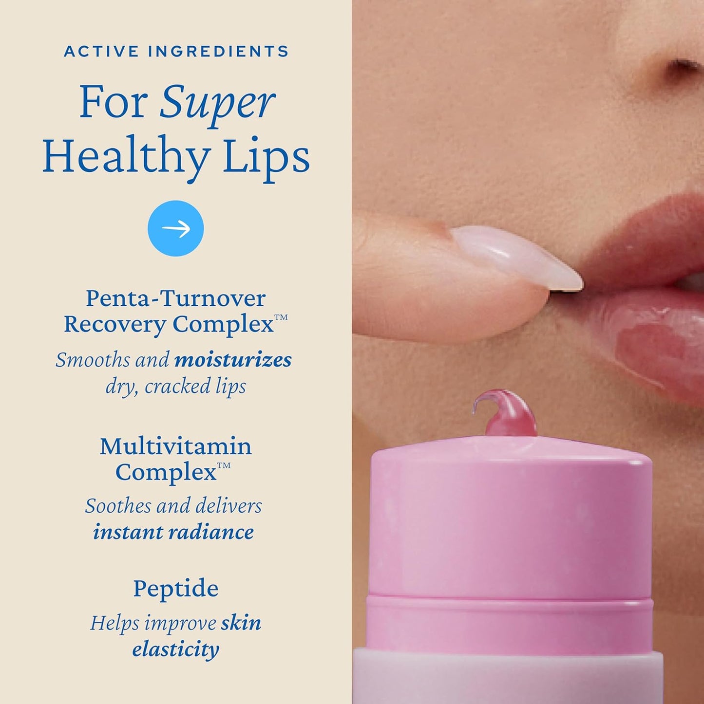 Pink lip balm with text about active ingredients for healthy lips on a beige background