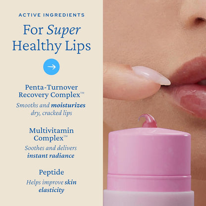 Pink lip balm with text about active ingredients for healthy lips on a beige background
