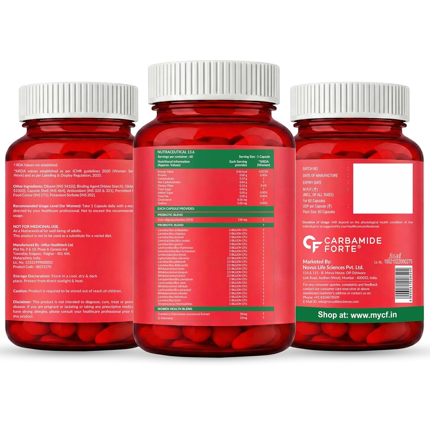 Carbamide Forte Women’s Probiotics Supplement 60 Billion CFU | Gut Health Supplements with Cranberry Extract | Pre & Probiotics Supplement for Gut Health | 60 veg Capsules