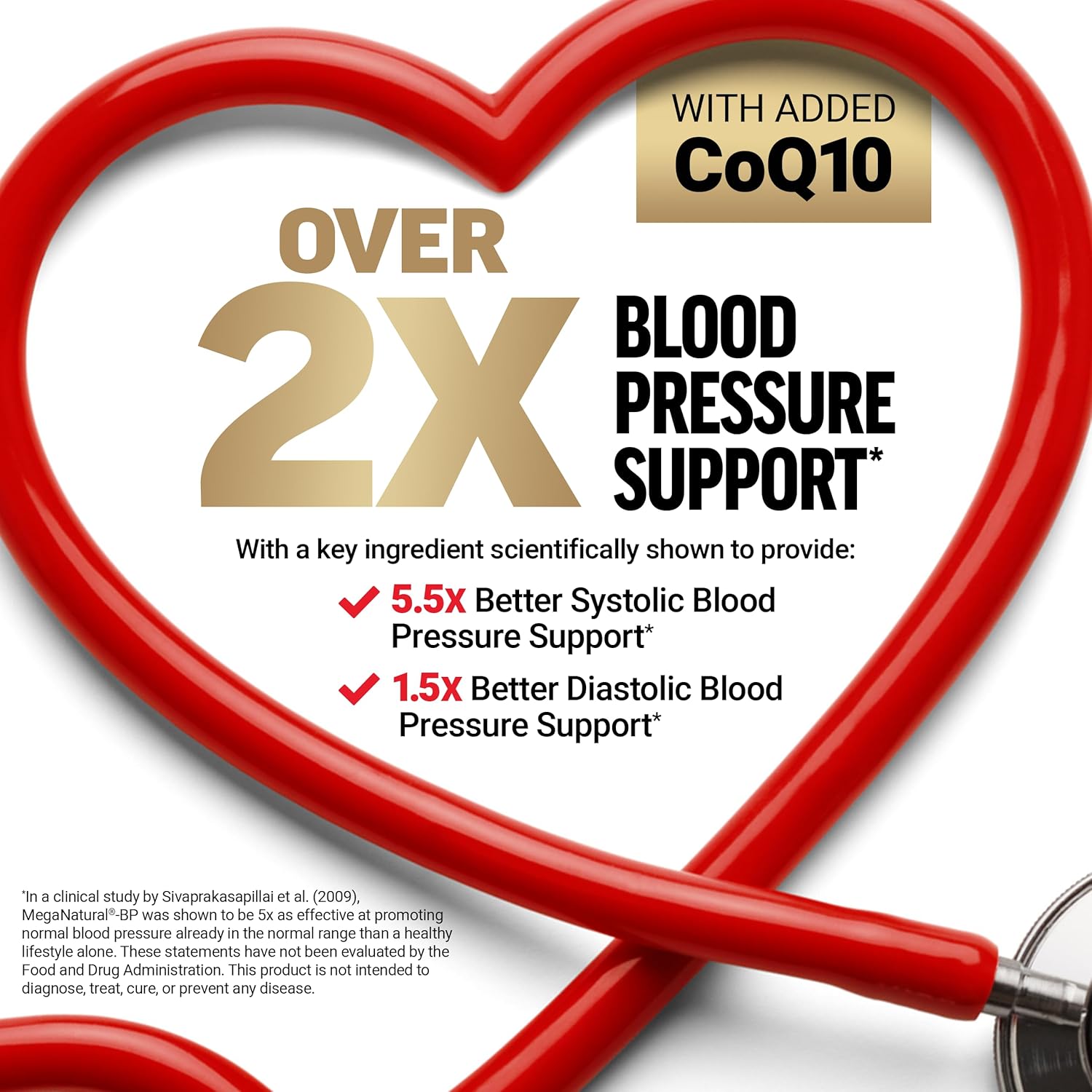 Heart-shaped design with stethoscope, CoQ10 label, and text about blood pressure support on a white background.