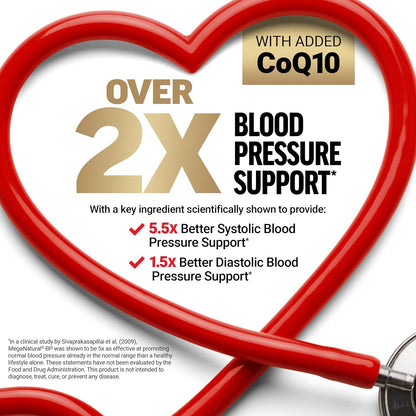 Heart-shaped design with stethoscope, CoQ10 label, and text about blood pressure support on a white background.