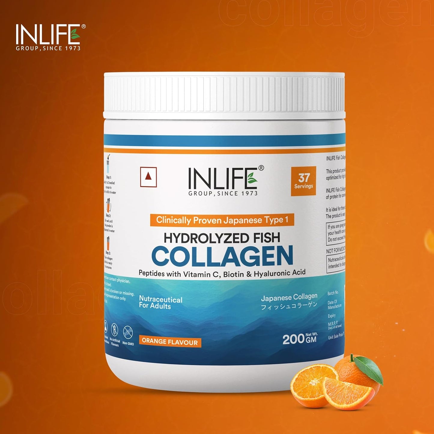 INLIFE Japanese Marine Collagen Supplements for Women & Men | Fish Collagen Powder for Skin & Hair | Clinically Proven Ingredient with Biotin, Hyaluronic Acid, Vitamin C & Glucosamine (200g, Orange)