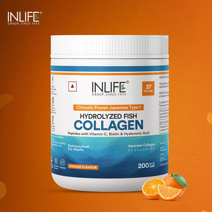 INLIFE Japanese Marine Collagen Supplements for Women & Men | Fish Collagen Powder for Skin & Hair | Clinically Proven Ingredient with Biotin, Hyaluronic Acid, Vitamin C & Glucosamine (200g, Orange)