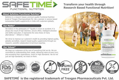 Advertisement for Safetime Functional Nutrition with family and dog in a park, supplement bottle, and certification logos.