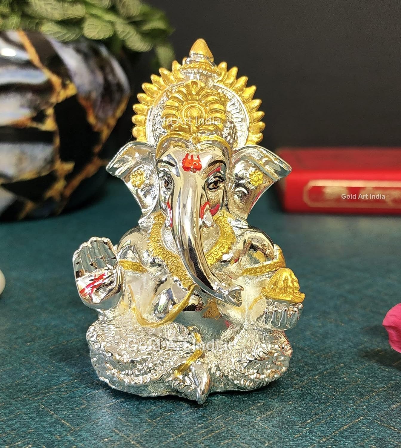 Gold Art India 999 Silver Plated Ganesha Idol for car Dashboard, Office & Home Shelves, Diwali Puja, and Gifting (3.5" x2 inches), Idol