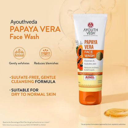 Ayouthveda Papaya Vera Face Wash with Real Papaya Extract for Dry to Normal Skin | Deep Cleansing, Removes Dullness, Dark Spots & Impurities | Hydrating, Sulfate-Free Gentle Formula | 100 g (Pack of 1)
