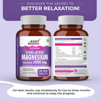 Two bottles of The Body Reserve Chelated Magnesium Glycinate 2000 mg supplement on a purple background.