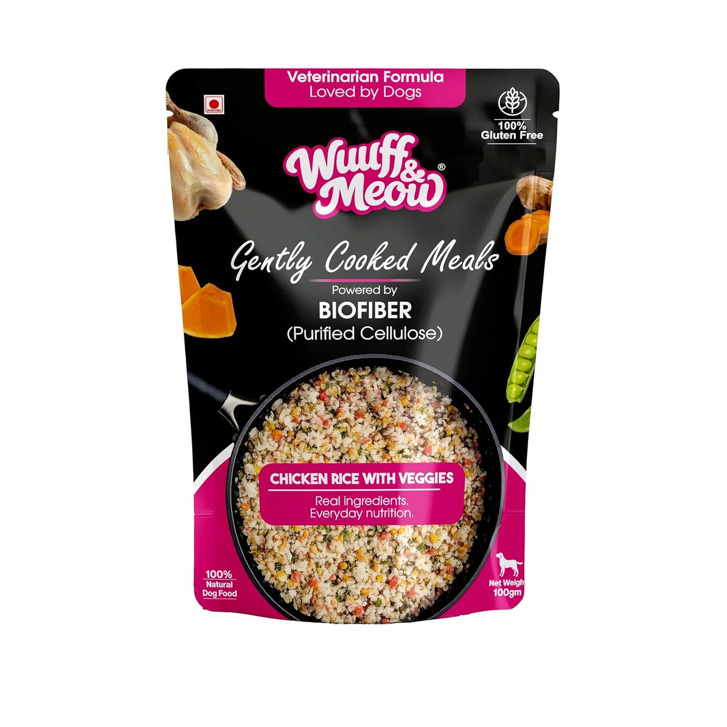 Wuuff & Meow Gently Cooked Wet Dog Food – Chicken, Rice & Vegetables | High Protein, Grain Free, Complete & Balanced Homestyle Dog Meal | Powered by BIOFIBER™ with Arbocel® | 100g