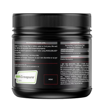 MuscleBlaze CreaPRO Creatine Monohydrate Powder with Creapure, Unflavoured (83 Servings, 250g)