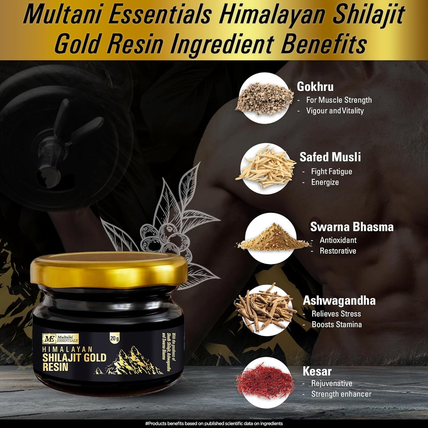 Multani Essentials Himalayan Shilajit Gold Resin with ingredients and benefits listed on a dark background