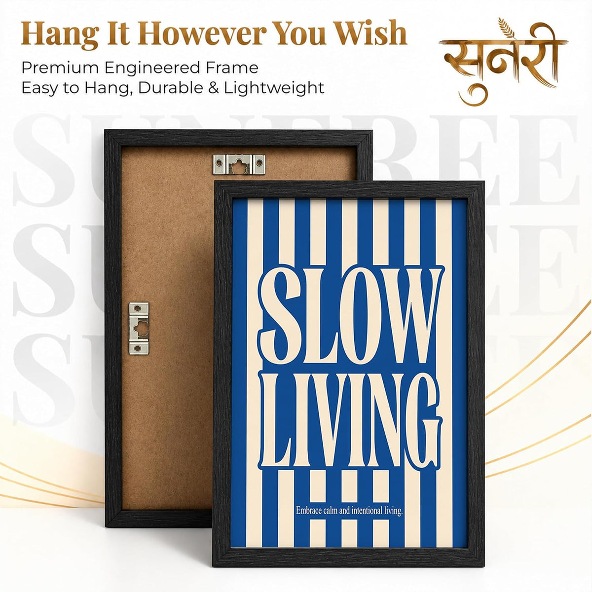 Slow Living Create Daily Wall Art Set of 2 Framed Paintings | Blue Striped Typography Motivational Poster | Office Bedroom Home Décor (Art 22, 10x13 Inches, Black)