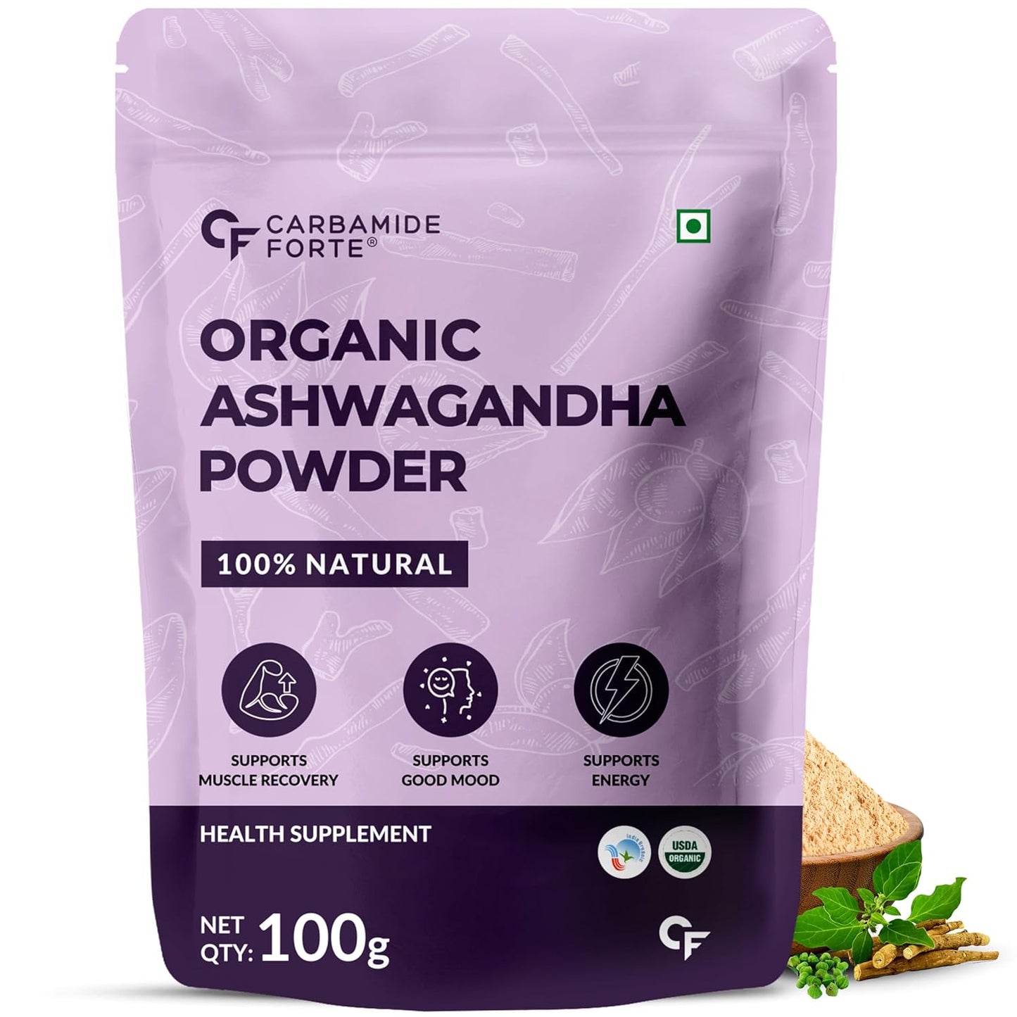 Purple package of Carbamide Forte Organic Ashwagandha Powder on a white background