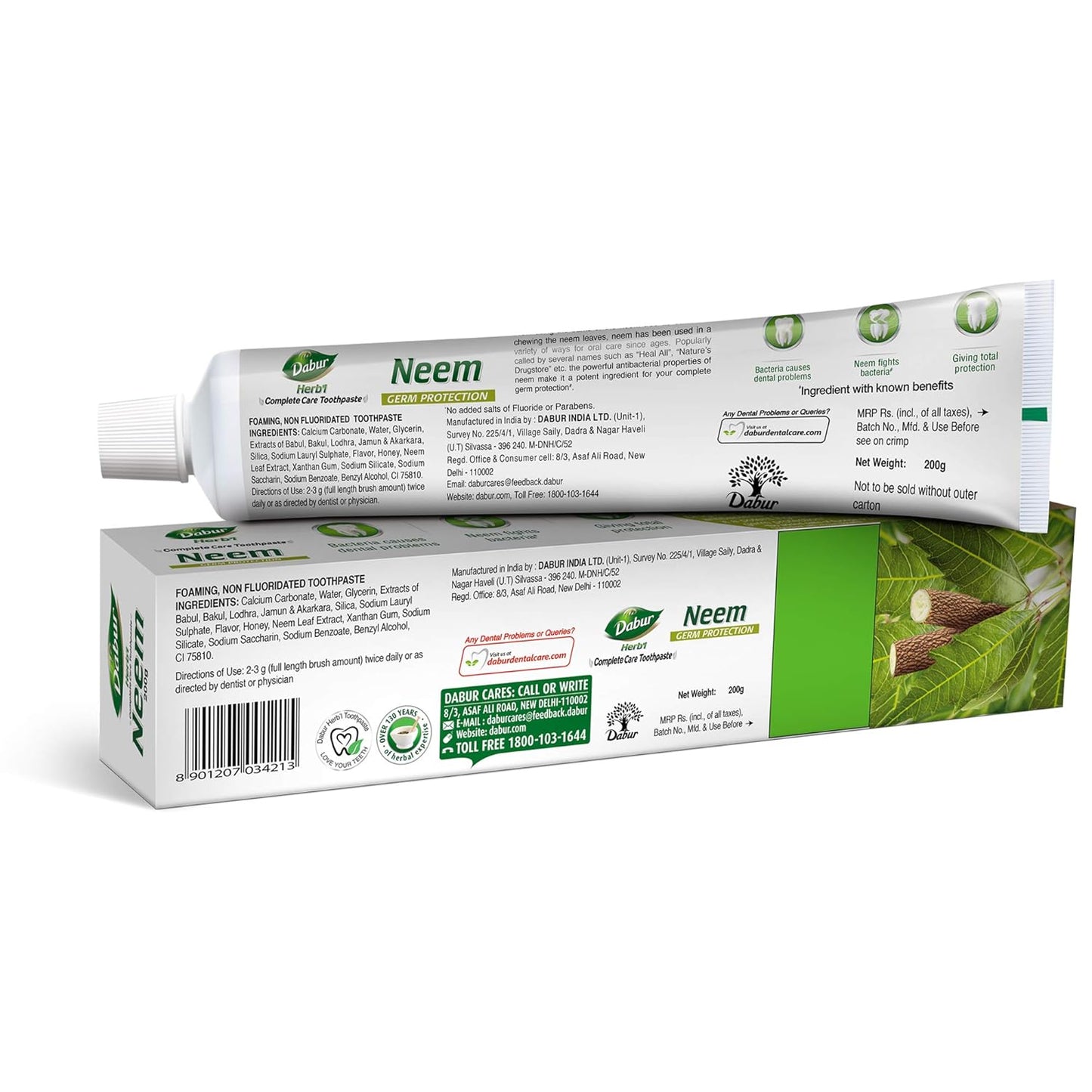 Dabur Herb'l Neem Germ Protection Toothpaste - 200g | No Added Flourides & Parabens | Neem Fights Bacteria (Pack of 2)
