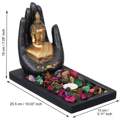 eCraftIndia Grey Golden Resin Palm Buddha Idol Tea Light Candle Holder| Lord Buddha Statue Tea Light Holder| Diwali Decoration Items for Home Decor| Buddha Showpiece Gift for Diwali Housewarming