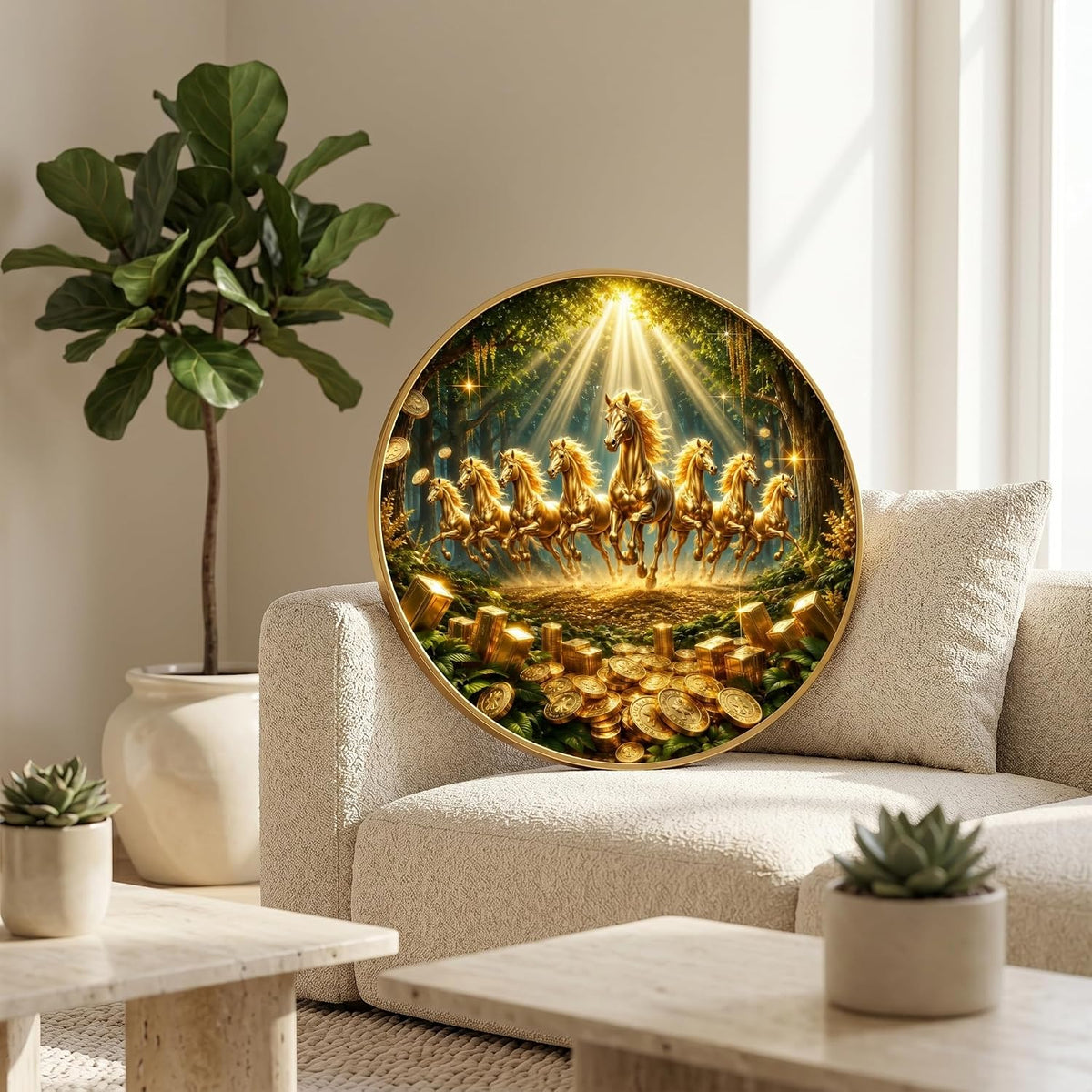 7 Horse Vastu Round Wall Painting with Premium PVC Golden Frame, Golden Running Horses Wealth Coins Forest Art for Living Room Office Home Decor (20 x 20 Inch) GRL-438