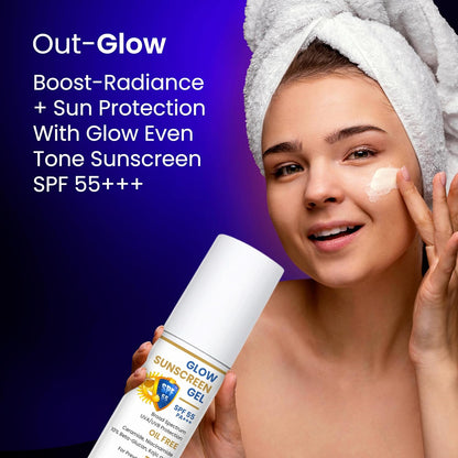 Woman applying sunscreen with a bottle labeled 'Glow Sunscreen Gel' on a purple background