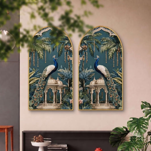 Set of 2 Peacock Wall Painting for Living Room, Tropical Palace Modern Artwork, PVC Golden Frame, Arch Shape Wall Decor for Bedroom, Hall, Office & Gift (30 x 32 Inch) RPNL-02-116