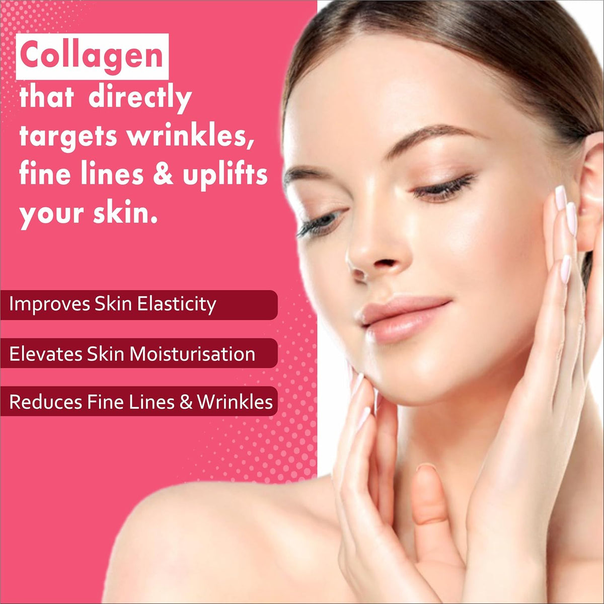 Woman touching her face with a pink background and text about collagen benefits.