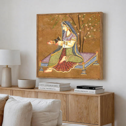 Indian Folk Framed Painting For Living Room | Traditional Ragamala Large Canvas Painting With Frame Wall Art For Bedroom, Hallway's, Office, Hotel, Size 58x58 cm