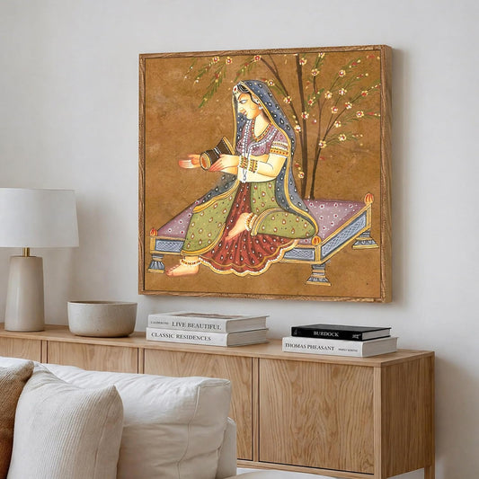 Indian Folk Framed Painting For Living Room | Traditional Ragamala Large Canvas Painting With Frame Wall Art For Bedroom, Hallway's, Office, Hotel, Size 58x58 cm