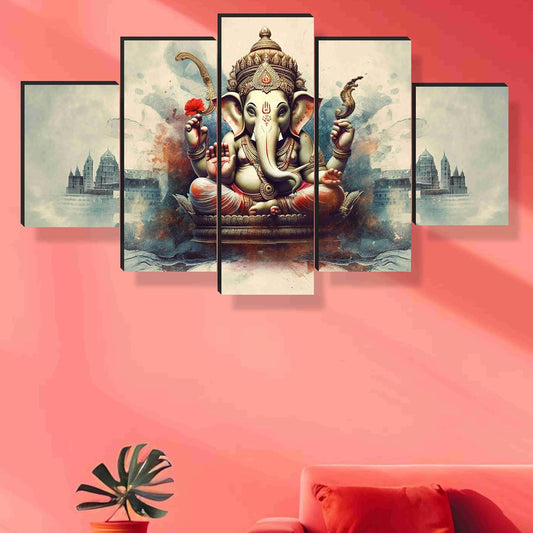Ganesha Paintings for Wall Decoration - Set Of Five, 3d modern art Painting for Living Room Large Size with Frames for Home Decoration, Hotel, Office 76.2 cm x 45 cm SANFPNLS35470