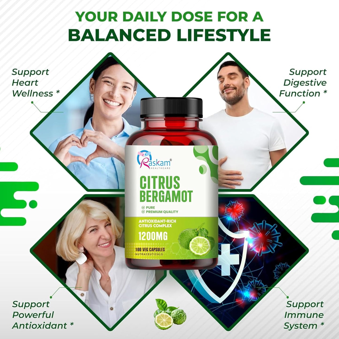 Citrus Bergamot 1200mg Supplement, 100 Veg Capsules, Antioxidant-Rich Complex for Heart Health and Immune Support
