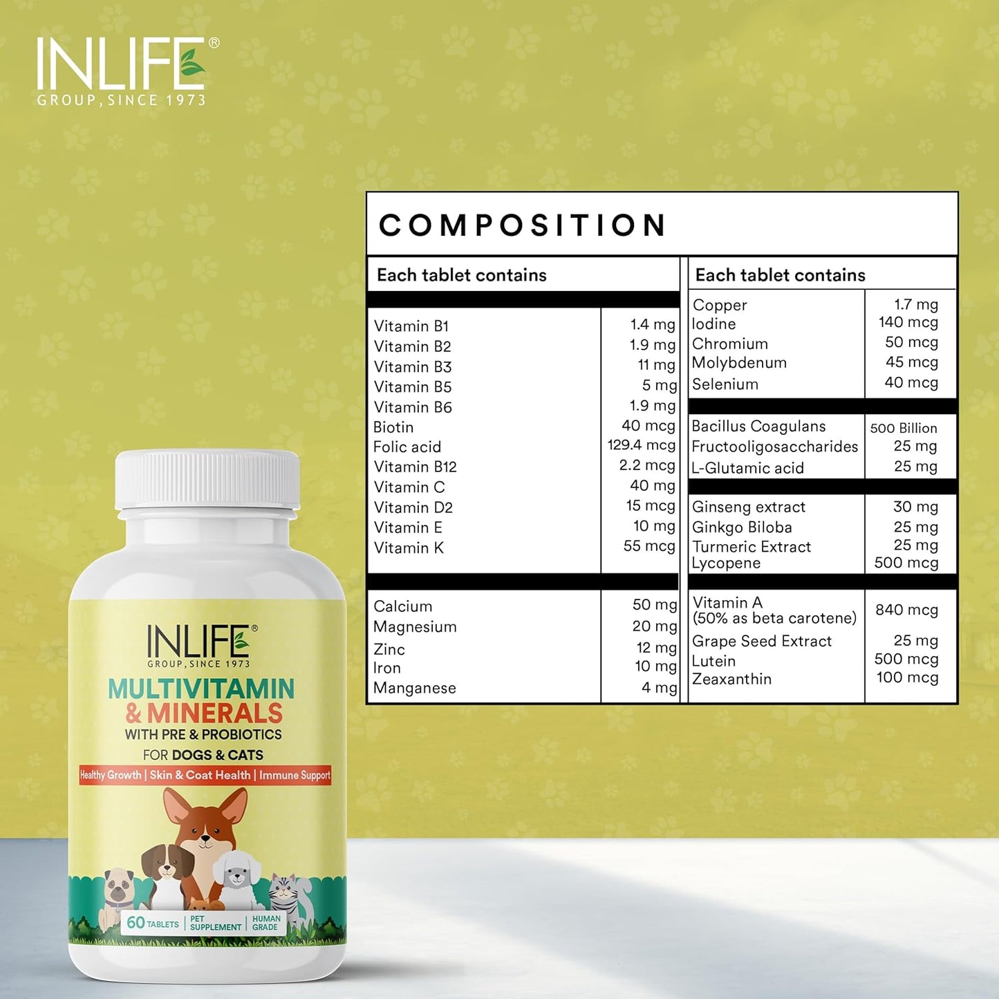 INLIFE Multivitamin for Dog Cat & Pets | Ginseng, Prebiotic & Probiotic Vitamin B12, C, D, E, Zinc & Biotin Supplement for Healthy Growth, Skin & Coat, Immune Support Supplement - 60 Tablets