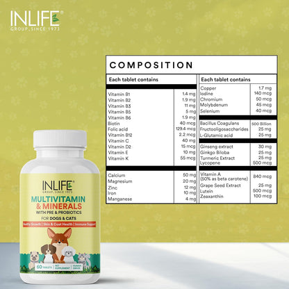 INLIFE Multivitamin for Dog Cat & Pets | Ginseng, Prebiotic & Probiotic Vitamin B12, C, D, E, Zinc & Biotin Supplement for Healthy Growth, Skin & Coat, Immune Support Supplement - 60 Tablets