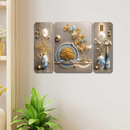 Golden Ginkgo Tree and Deer Wall Painting Set of 3 on MDF Board with UV Textured Finish, Blue Grey Botanical Art for Living Room Bedroom Office Home Decor (12 x 18 Inch) JML-6004