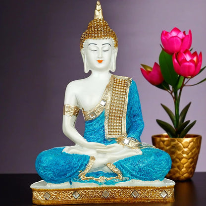 New 25 Centimetre Meditating Sitting Buddha Statue showpiece Idol Home Decoration Items for Living Room Decor and Gifts (Blue White Glossy)