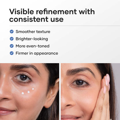 Before and after comparison of a woman's face with text indicating visible refinement with consistent use.