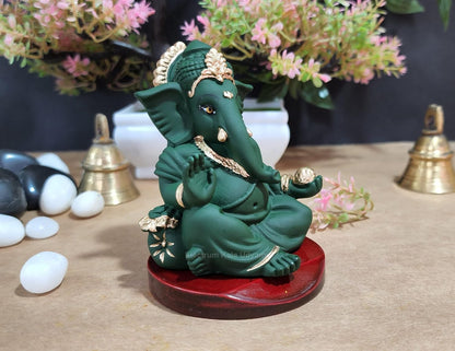 Handcrafted Poly Resin Ganesha Statue with Base - Perfect for Car Dashboard, Office Desk, Shelves, and Home Decor - Ideal Housewarming Gift! (Gaddigreenwithbase)