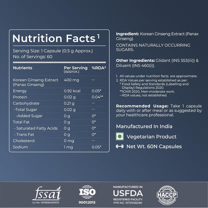 Nutrition facts label for a Korean Ginseng Extract capsule on a dark blue background.