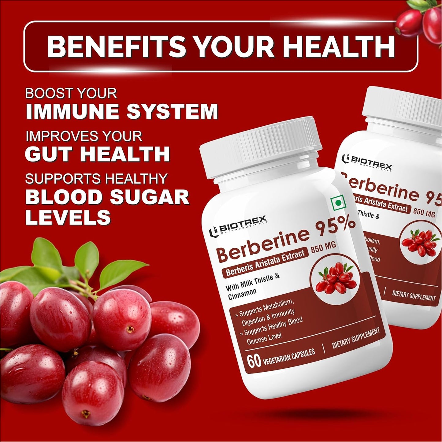 Biotrex Nutraceuticals Berberine HCL 850mg | 95% High Purity | With Milk Thistle & Cinnamon | Maintain Healthy Glucose Levels | Metabolic Support & Digestive Wellness | Lab Tested | 60 Veg Capsules
