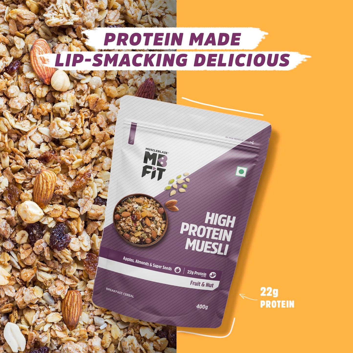 MuscleBlaze Fit High Protein Muesli, Fruit & Nut, 400g | 22g Protein | With Apple, Almonds & Super Seeds, High Protein Breakfast Cereals
